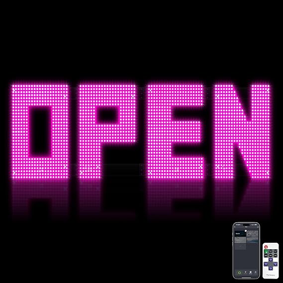 50"x17" Large LED Open Sign with Remote and Bluetooth App, Super Bright Open Signs for Business, Dimmable Big Open Sign for Storefront Window Bar Salon Cafes Retail Shops Pink