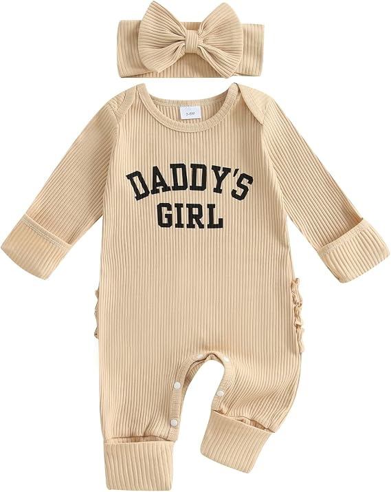 FIOMVA Im New Here Newborn Outfit Girl Long Sleeve Letter Romper Ribbed Knit Jumpsuit Baby Girl Preemie Coming Home Outfit
