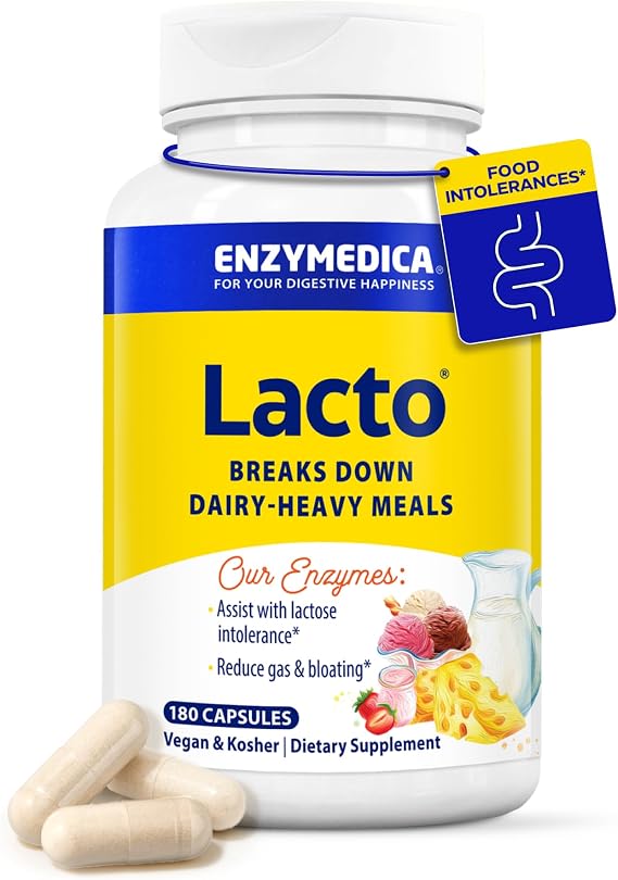 Enzymedica Lacto Digestive Enzymes for Men & Women - 180 Capsules | Lactose Intolerance Support Supplement with Lactase Enzyme, Breaks Down Dairy Heavy Meals, Helps Reduce Gas & Bloating