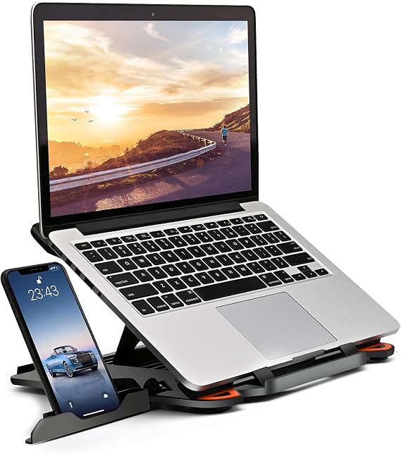 Ergonomic Adjustable Laptop Stand for Desk with Phone Holder & 360 Rotation - Foldable Portable Stand for 10-17" Laptops, MacBook Pro 16", Gaming Laptops, Tablets | Heavy-Duty & Ventilated Design