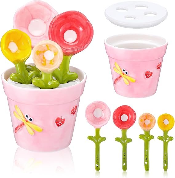 Flower Measuring Spoons Set in Pot - Ceramic Baking Measuring Spoons with Holder for Dry & Wet Ingredients - Cute Flower Figurine - 1 Tbsp, 1 Tsp, 1/2 Tsp, 1/4 Tsp - Unique Gift, Dishwasher Safe(Pink)