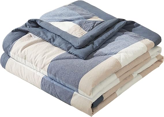 ZTGL Summer Comforter Single Twin Size Quilt 100% Washed Cotton Plaid Bed Blanket with Soft Microfiber Inner Fill Bedding Lightweight All Season Down
