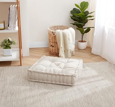 Floor Pillow Large Square Tufted Decorative Cushion 20 x 20 Faux Velvet Fabric Ultra Thick Fill for Kids and Adults, 2 Pack, Ivory