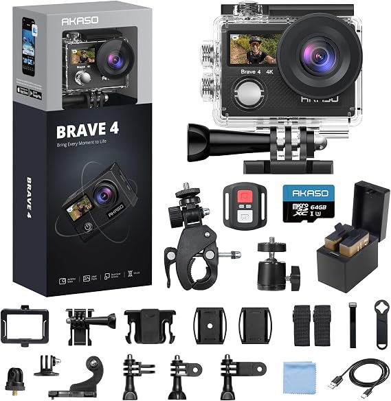 AKASO Brave 4 Action Camera 4K 30fps with 64GB MicroSD Card Bundle | 20MP EIS WiFi 170 FOV 5X Zoom Waterproof Underwater Camera for Snorkel, Travel, Bicycle, Helmet, Motorcycle Accessories Kit