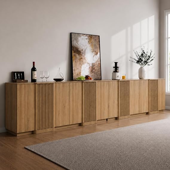 Yechen Buffet Cabinet with Storage, 110" Accent Sideboard Modern Credenza Set of 2 with Doors & Adjustable Shelves Fluted Media Console Wood Coffee Bar Table for Living Kitchen Dining Room