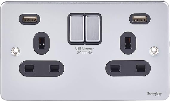 Schneider Electric Ultimate Low Profile - Switched Double Power Socket, 13A With 2 4A USB Charging Ports, GGBGU3524DBBC, Brushed Chrome With Black Insert