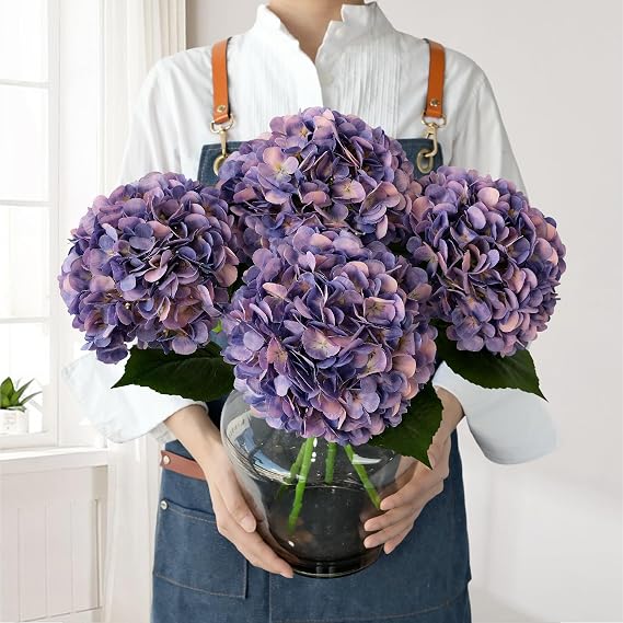 JINWOE 4Pcs Puple Artificial Silk Hydrangea Flowers,22" Silk Faux Hydrangea Bouquet for Home Table Centerpieces Wedding Garden Party Decoration