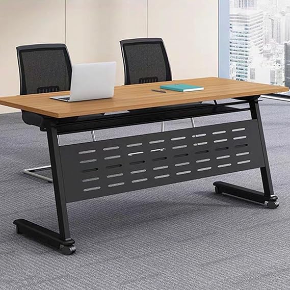 Folding Conference Table, Mobile Training Table Set with Lockable Wheels, Multifunctional Rectangular Conference Room Table for Conference Rooms, Meeting Rooms(Wood Color,140 x 60 x 75 cm)