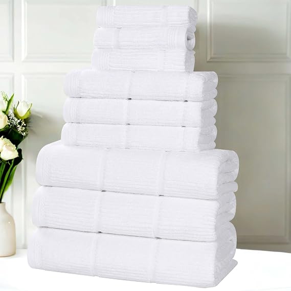 SUPERIOR Ultra Soft Quick Dry Absorbent Cotton Blend Towel Set for Bathroom, Bath Essentials, Ribbed Design Milo Towel, 9 Piece Assorted Towel Set, White