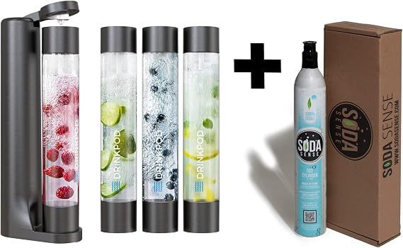 Fizzpod Soda Maker Home Soda Carbonation | Fizzy Bubbly Drink Machine with 3 PET Bottles, 3 Caps, 1 Carbonator Cap and Manual | Make Homemade Sparkle Water, Juice, Coffee, Tea and Cocktail Drinks with Fruit (Black+C02)