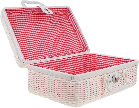 DOITOOL Woven Suitcase Storage Box Simulated Rattan Handwoven Storage Case with Lock and Liner 11.81 X 8.26 X 4.72 in Suitcase Style Organizer for Picnic and Home