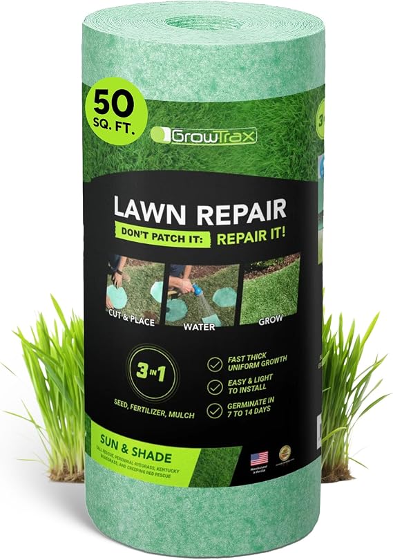 Growtrax Biodegradable Grass Seed Mat - 50 Sq Ft Year Round Green | Quick Fix Roll for Lawns, Dog Patches & Shade, Just Roll, Water & Grow, Not Fake or Artificial Grass