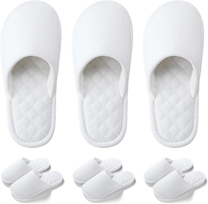 3 Pairs Closed-Toe Cotton Terry House Slippers, Comfortable Washable Indoor Slippers for Women, Portable Foldable for Guest, Travel, Hotel and Spa