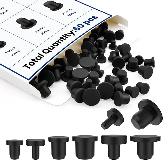 60 Pcs Silicone Hole Plug, 6 Sizes Black Solid Round Waterproof Stoppers | High Temp Flexible T-Shaped End Covers for 4-9.5mm Holes in Bottles, Pipes, Flower Pots & More
