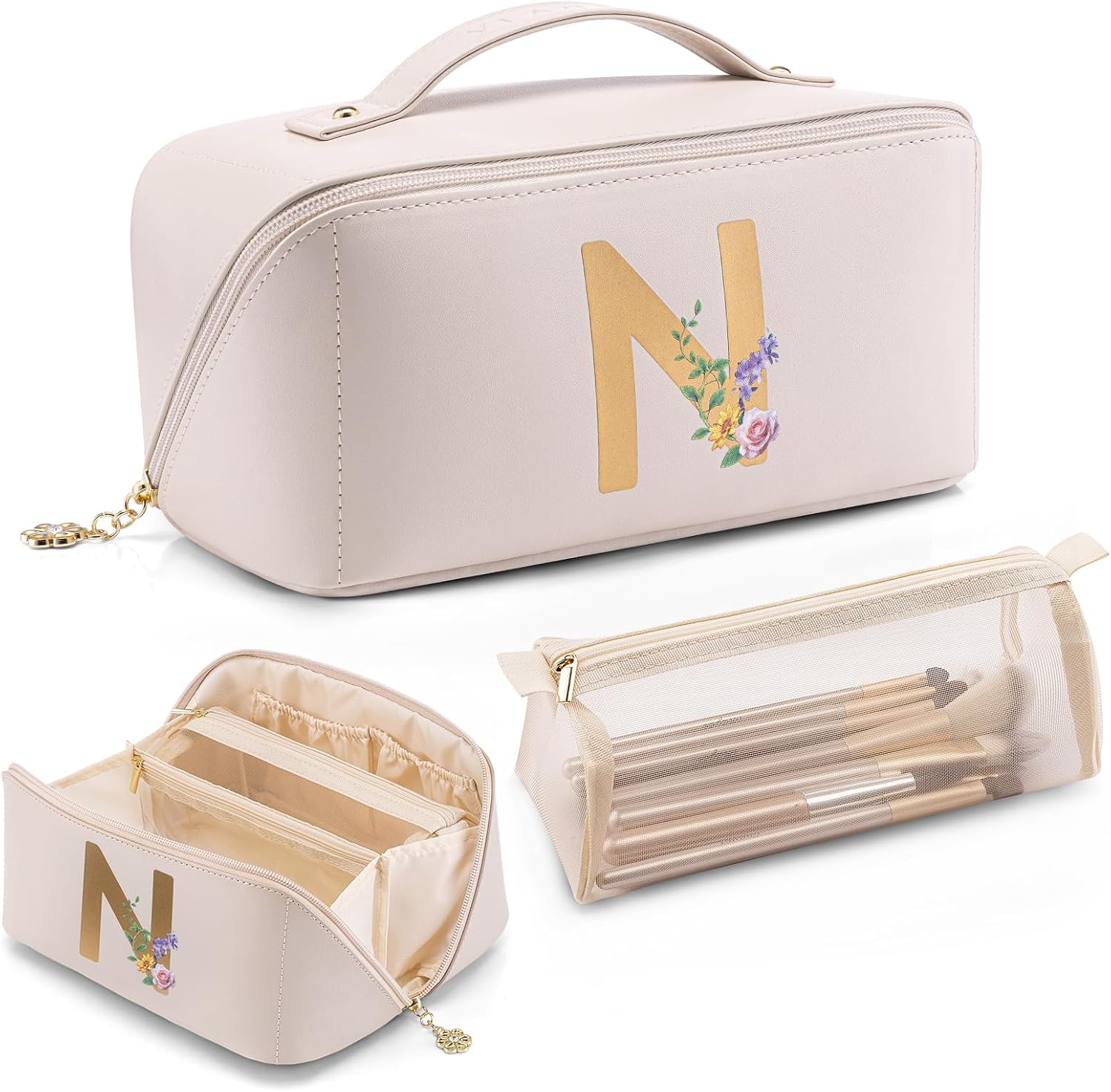 Vlando Gift Ideas for Women,Large Makeup Storage Bag,Birthday Gifts for Girls,Travel Toiletry Bag Skincare Bag for Women Girlfriend Wife Bridesmaid TeenageLetter N