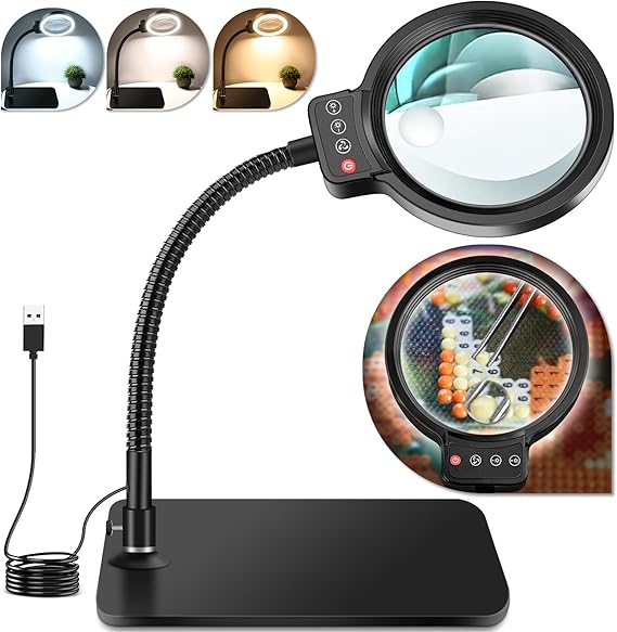 NZQXJXZ 10X Magnifying Glass with Light and Stand, 3 Color Modes, Adjustable Gooseneck Magnifying Desk Lamp, Ideal LED Magnifying Lamp for Hobbies, Work, and Reading