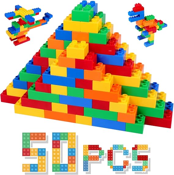 Large Building Block Set, 50 Building Blocks, Compatible with Duplo Building Bricks, Suitable for Children Aged 3 4 5 6 Years, A Great Building Block Gift for Boys and Girls.