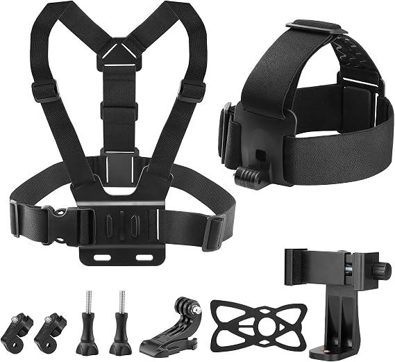 9-in-1 Chest & Head Mount Kit for GoPro, iPhone, DJI, Action Cam POV | Hands-Free POV Recording. Compatible with Samsung, Insta360, AKASO, SJCAM. Sturdy phone clamp & protective net included