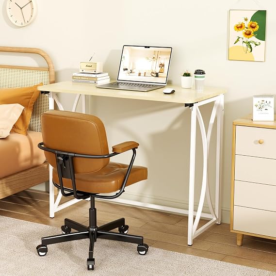 Folding Desk, 31.5" Small Desk for Bedroom, Space Saving Foldable Computer Desk for Home Office, Easy Assembly, Beige