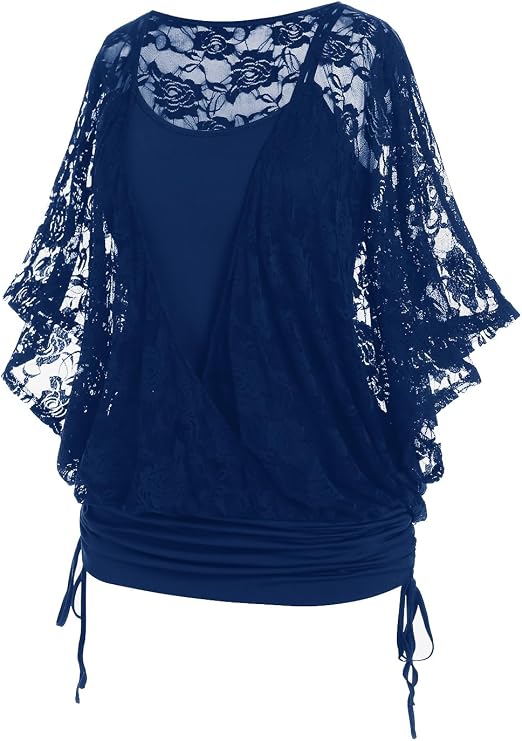 ROSE GAL Women Plus Size Cinched Ruched Batwing Sleeves Lace 2 in 1 Tee Blouson Top