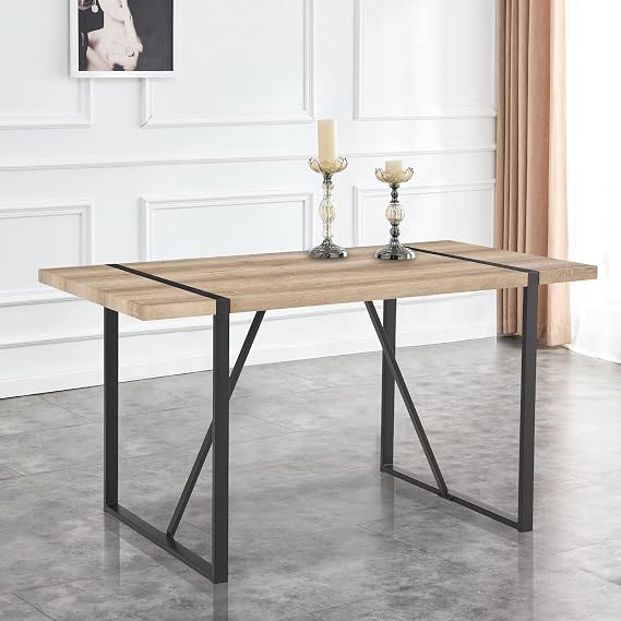 55.1" Rustic Dining Table for 4, Mid Century Modern Kitchen Table with Solid Wood Tabletop and Black Metal Frame,Farmhouse Rectangular Wood Dinner Room Table for Home, Kitchen