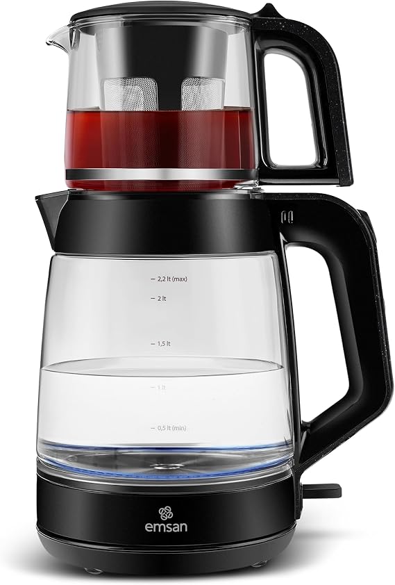Emsan Glass Tea XL 2 in 1 Cam Çay Makinesi ve Kettle Shiny Black
