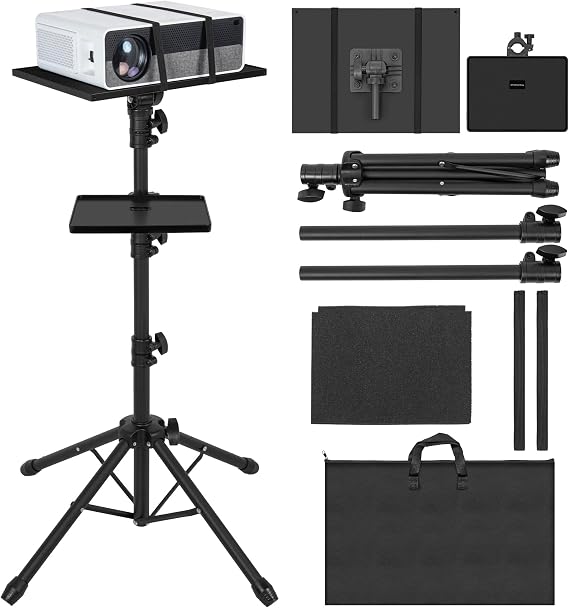 AKOZLIN Projector Tripod Stand with 2 Shelves & 4 legs Portable Adjustable Floor Projector Stand Height 65-130 cm 180 Degree Rotation for Projector, DJ Equipment, iPad