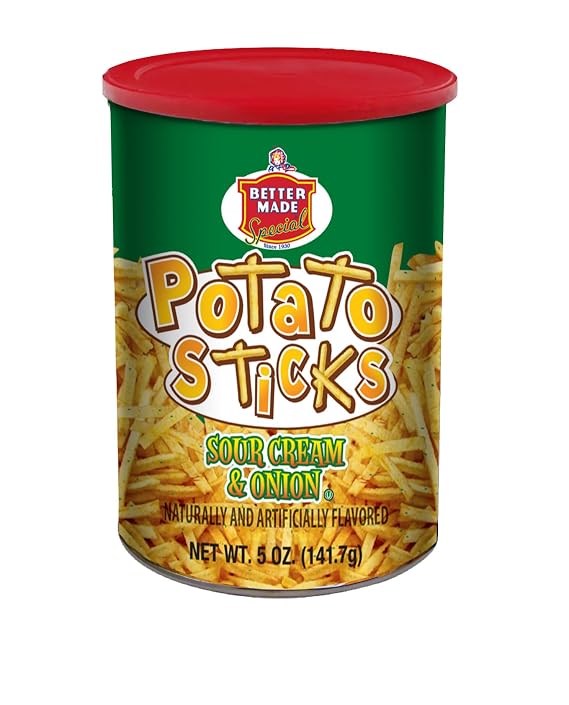 Better Made Potato Sticks 5oz Canister - Shoestring Potato Sticks - Gluten Free - Crunchy, Crispy Snack from Fresh Potatoes - Resealable Lid (Sour Cream & Onion, Single Can)
