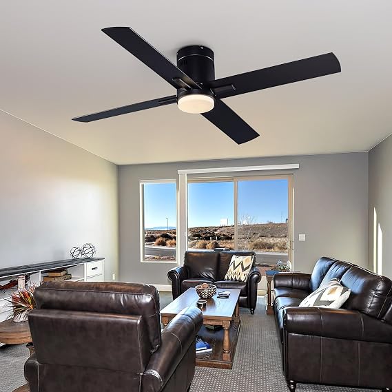 Bigzone 52 Inch Flush Mount Ceiling Fan, Low Profile Ceiling Fan with Light and Remote Control, Reversible 4 Dual Finish Wood Blades, Indoor/Outdoor Ceiling Fan for Patio, Living Room, Bedroom