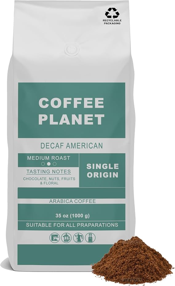 Coffee Planet | American Decaf Ground Coffee - 1kg | Medium Roast | Made from Arabica Coffee Beans | Rich Flavoured