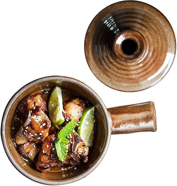 Ceramic Salad Bowls, French Onion Soup Crock Bowls with Handles and Lid, 10 Ounce/Ceramic Bowl for Cereals, Pumpkin Soup and Salads. Dishwashers, Microwave and Ovens Safe.-Brown