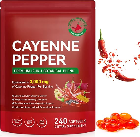 Cayenne Pepper Capsules, Cayenne Pepper Capsaicin Supplement with Grape Seed, Hawthorn, Beetroot Extracts & Vitamin E D3 K2 for Leg Vein, Heart & Circulatory Support -240 Count