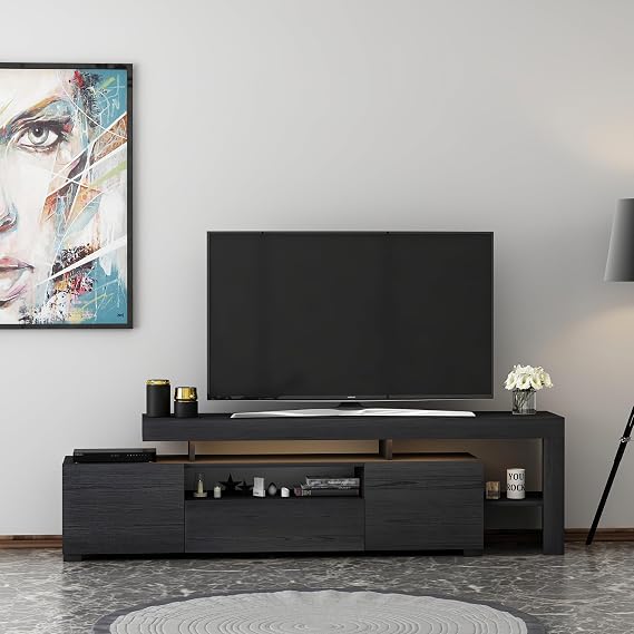 T0014 Led Illuminated TV Stand, Living Room TV Unit, Wooden Black