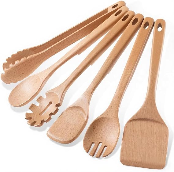 Wooden Cooking Utensils, 6 Pieces Natural Beech Wooden Spoons For Cooking with Unique Notch & Heat Resistant Design, Non-Stick Wood Kitchen Utensil Set with Hanging Hole for Kitchen Essentials