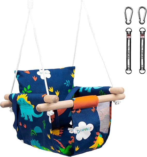Swing for Baby Children with Safety Belt Stainless Steel Carabiner Soft Cushion up to 50 kg Adjustable Length CE Environment Fabric Dinosaur Pattern for Garden Indoor Outdoor
