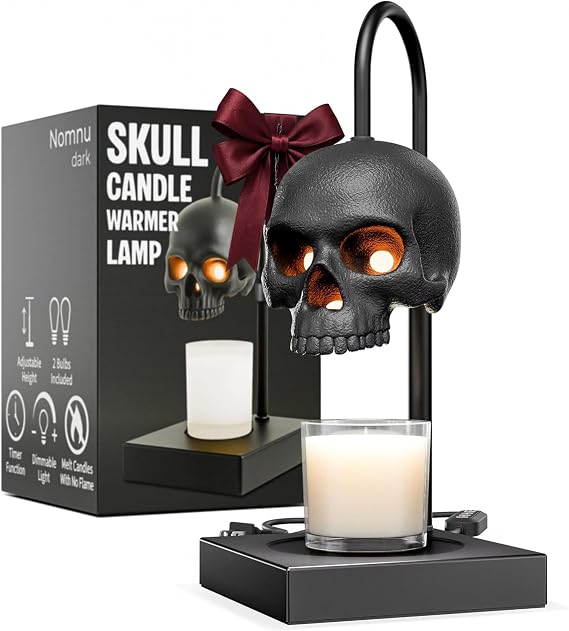 Nomnu Skull Candle Warmer Lamp, Gothic & Spooky Home Decor with Timer | Goth Halloween Table Lamp, Auto-Shutoff, 2 Light Bulbs Included, Heavy Metal Base, Adjustable Height, Candles/Wax Melt