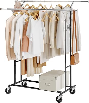 Tajsoon Clothes Rack Heavy Duty Rolling Garment Rack with Wheels and Extendable Double Rods, Collapsible Clothing Racks For Hanging Clothes, Adjustable Commercial Clothes Rack with Shelf, Black&Chrome