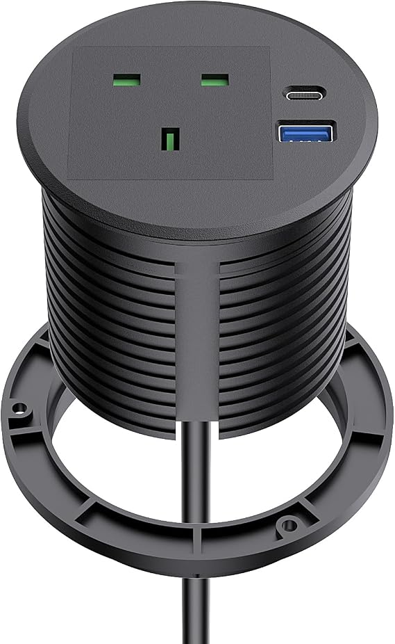 Desk Plug Socket Grommet 80mm Hole with 1 UK Plug, 2 USB Ports, 2M Cable, Recessed Socket for Home Office, Black