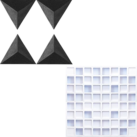Waffle Acoustic Diffuser Bundle - 4 Triangular Pyramid Bass Traps + Waffle Diffuser White