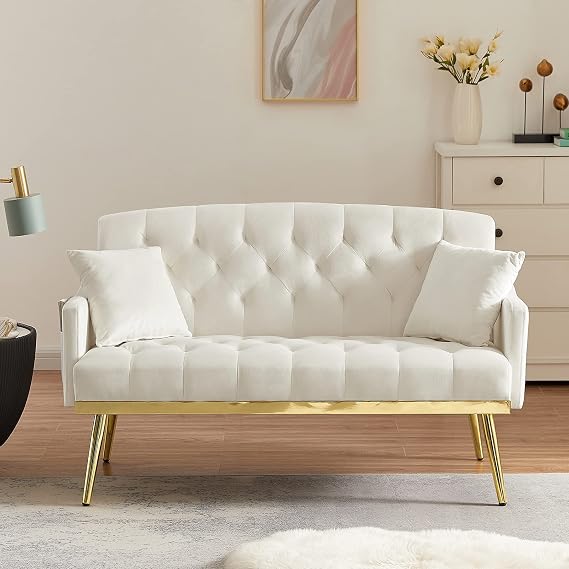 Antetek Upholstered Velvet Loveseat Sofa, Modern Small Couch with Side Pocket and Golden Metal Legs, Tufted Leisure Sofa for Living Room, Bedroom, Office, Small Space, Light Beige