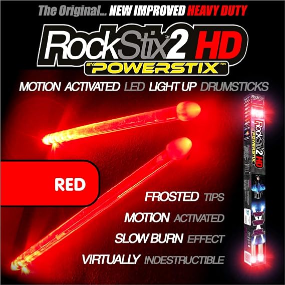 2 HD RED, BRIGHT LED LIGHT UP DRUMSTICKS, with fade effect, Set your gig on fire! (RED ROCKSTIX)