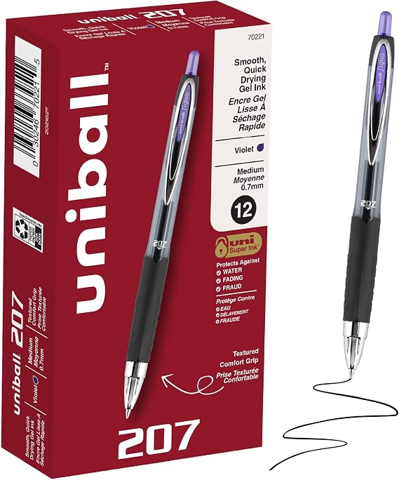uniballTM 207 Gel Pens, Violet Ink, 0.7mm Medium Point, 12 Count