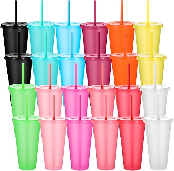 24 Pack Tumbler with Straw and Lid, Plastic Reusable Cups for Iced Coffee, 24 oz Glitter Tumbler Set for Parties, Birthdays, Travel, Assorted Colors