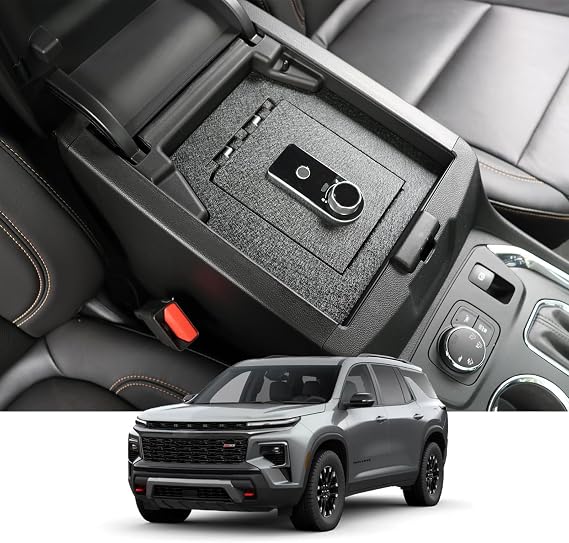 WASAI Center Console Gun Safe Vault for Chevrolet Traverse 2018-2023 | Heavy Duty Vehicle Safe with Biometric Lock. Keep Your Belongings Protected During Daily Use.