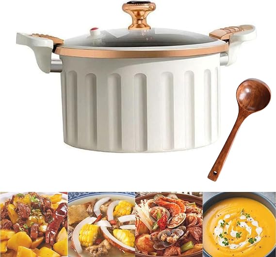 2023 Non-stick Micro Pressure Cooker with Wooden Spoon, 8L Large Capacity Multifunctional Plumpy Non-stick Micro Pressure Pot, Steam Boil Fry Integrated Enamel Soup Pot for Kitchen (White)