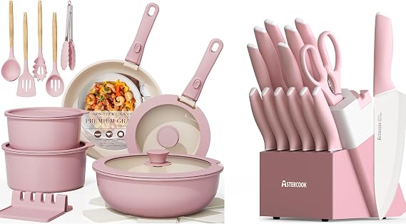 Astercook 21 Pcs Pots and Pans Set Non Stick with 15 Pcs Kitchen Knives Set with Block and Sharpener