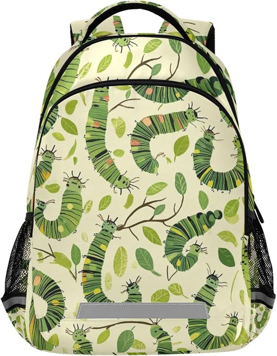 Cartoon Caterpillar Green Backpack for Boys Girls, 4-Sided Reflective Kids Backpack Bookbag for Teens Students Elementary Middle School Travel