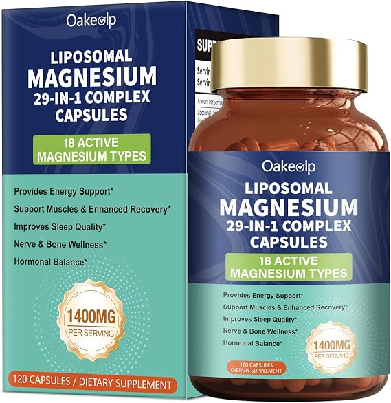 29-in-1 Liposomal 18 Active Types Magnesium Complex 1400MG Capsule,Citrate Glycinate Malate etc,Mild & Efficient,Extra Vitamin B6 B12 D3K2 & CoQ10, Relaxation Nerve* & Hert* Support