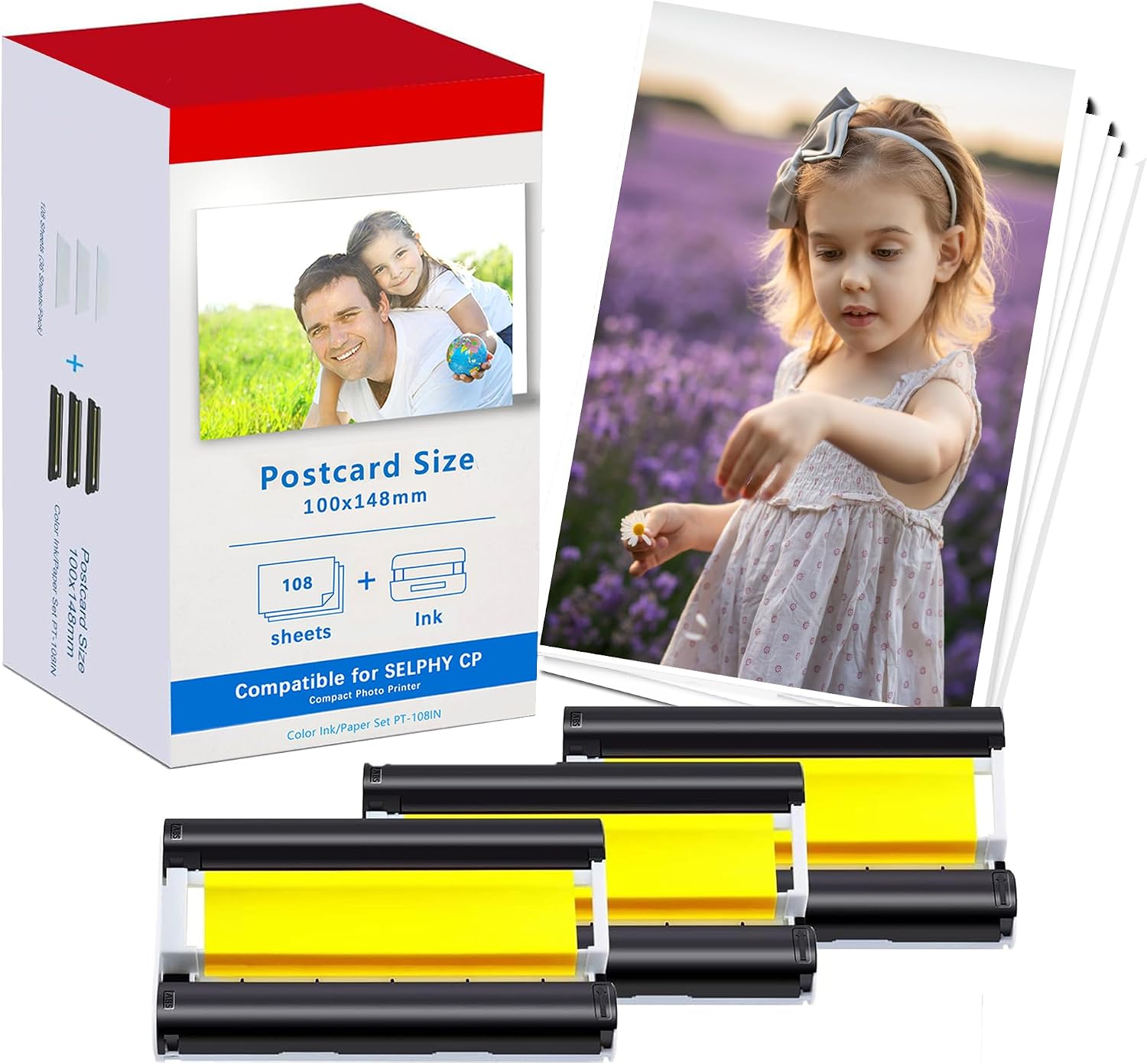 Compatible with Canon Selphy CP1500 CP1300 Ink and Paper, KP-108IN KP108 for Selphy CP1500 CP1300 CP1200 CP1000 CP910 CP900 CP810, 100mm x148 mm 3 Color Ink 108 Sheets Photo Paper