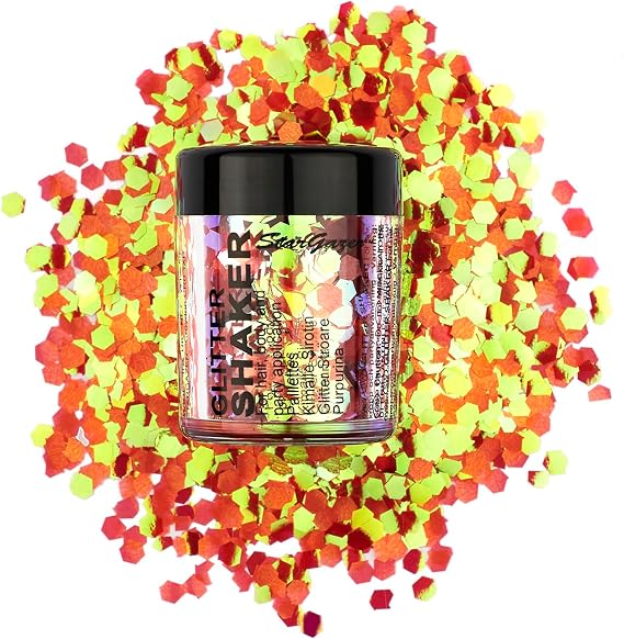 Stargazer Chunky Glitter Shaker, UV Orange. Cosmetic glitter for use on the eyes, lips, face, body, hair and nails.